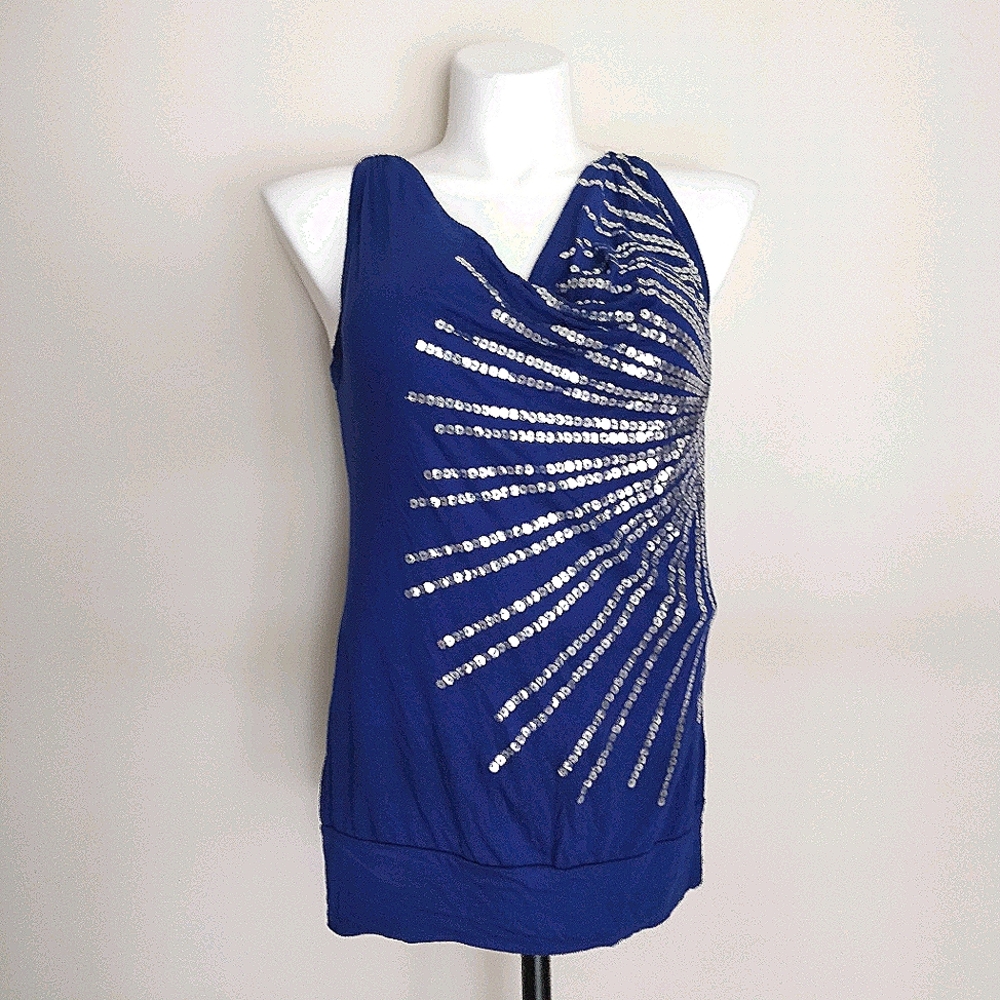 Blue and Silver Sequin Dressy Top with Open Back